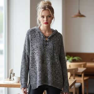 Rock & Republic Black and Gray  Marled Knit Lace Front Hooded Sweater